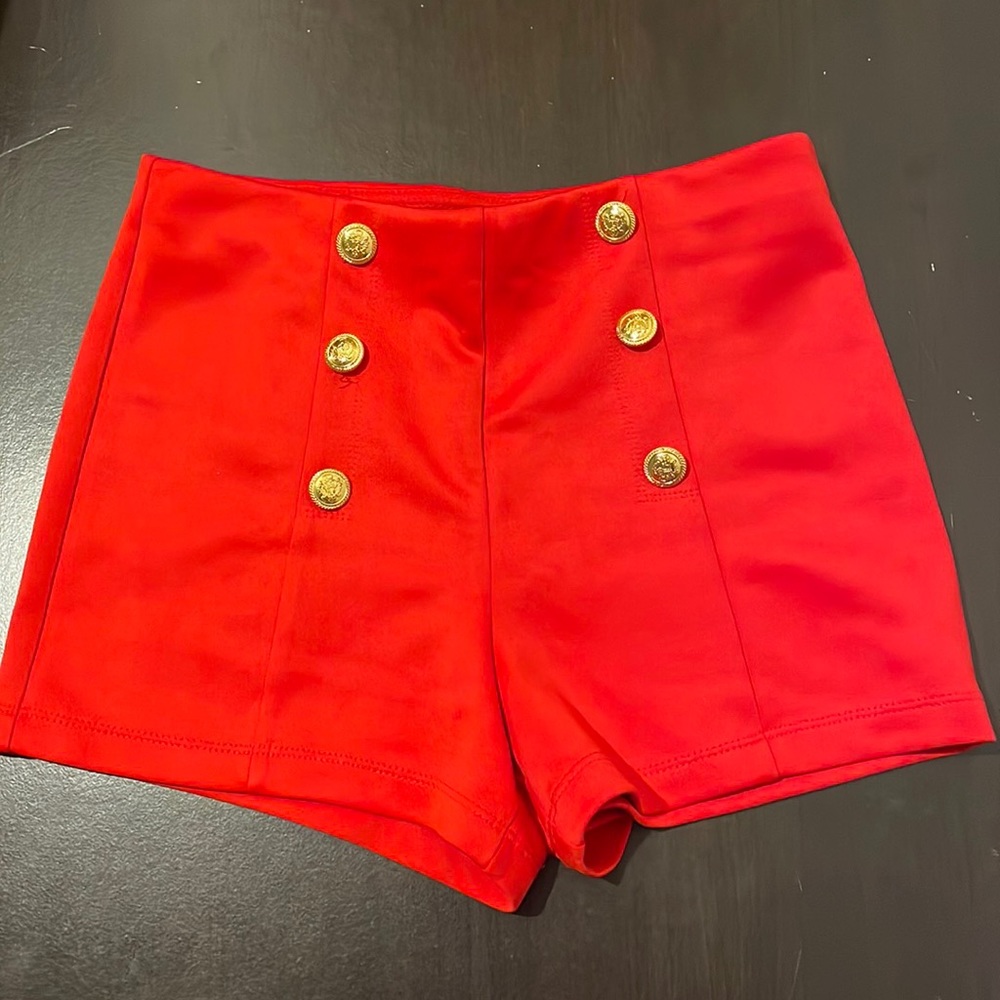 Red High-Waisted Shorts With Gold Buttons
